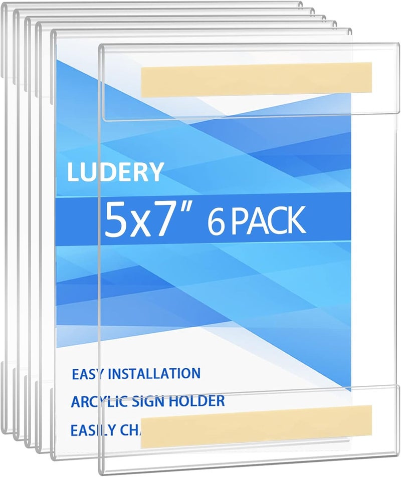 Ludery Acrylic Sign Holder 5 x 7 Wall Mount, Wall Mount Sign Holders, Clear Acrylic Frame with 3M Tape Adhesive, Plastic Wall Sign Holder for Office, Home, Restaurant-Vertical (6 Pack) - Image 1